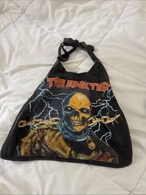 Edikted Black Halter Crop Top with Yellow Skull Graphic